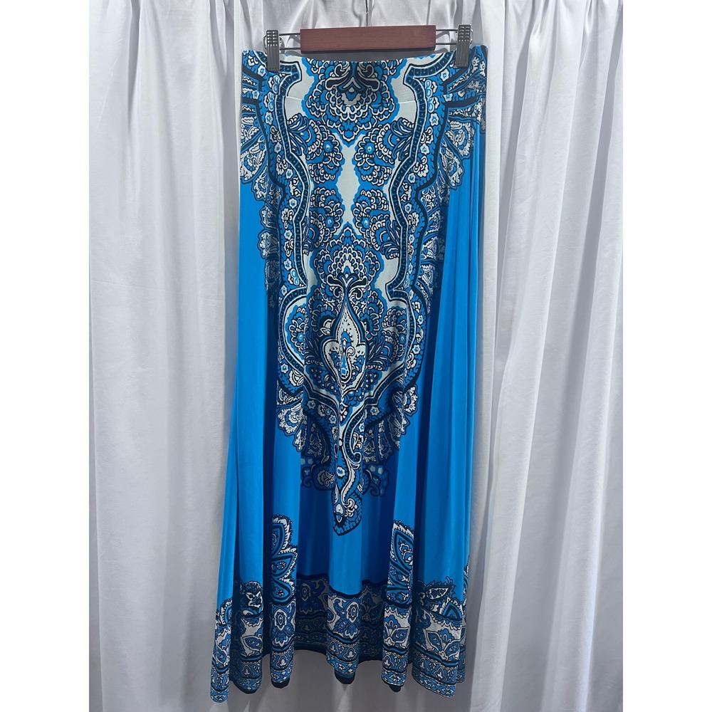 Women's Blue Paisley Rhinestone Maxi Skirt Boho Size XS Stretch Festival